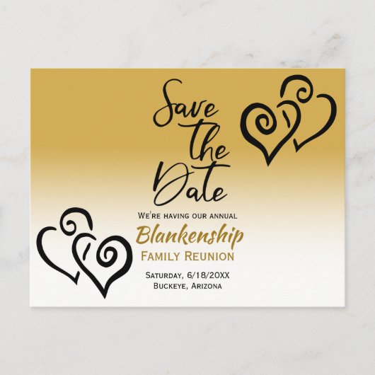 ファミリ懇親会日付の保存ブラックリンクハートA 案内ポストカード (正面)