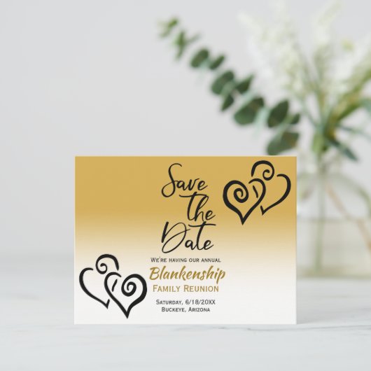 ファミリ懇親会日付の保存ブラックリンクハートA 案内ポストカード (スタンド正面)