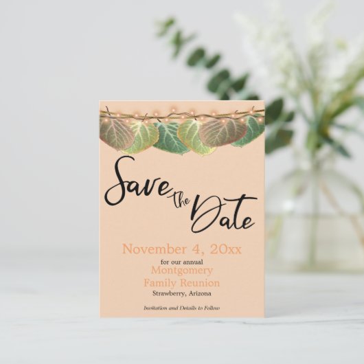 ファミリ懇親会日付の保存《植物》アスペンツリー葉 案内ポストカード (スタンド正面)