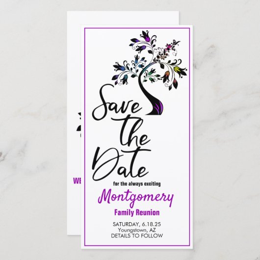 ファミリ懇親会日付の紫の木モダンを保存 セーブザデート (正面/裏面)
