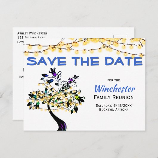 ファミリ懇親会日付の黄色のライトツリーを保存 案内ポストカード (正面/裏面)