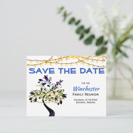 ファミリ懇親会日付の黄色のライトツリーを保存 案内ポストカード (スタンド正面)