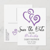 ファミリ懇親会日付を保存する紫のリンクされたハート 案内ポストカード (正面/裏面)
