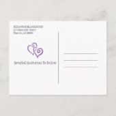 ファミリ懇親会日付を保存する紫のリンクされたハート 案内ポストカード (裏面)