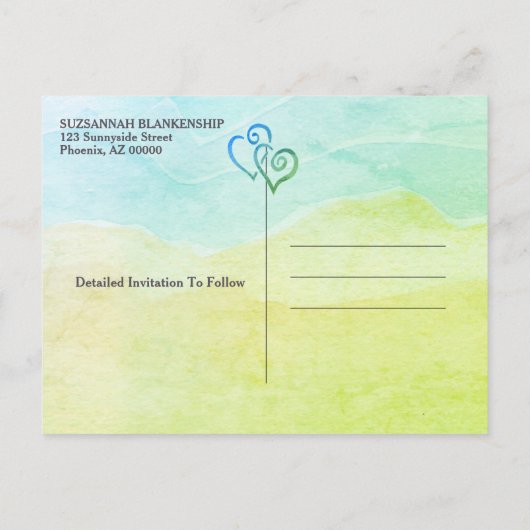 ファミリ懇親会日付を保存する青い緑のハート 案内ポストカード (裏面)