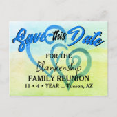 ファミリ懇親会日付を保存する青い緑のハート 案内ポストカード (正面)