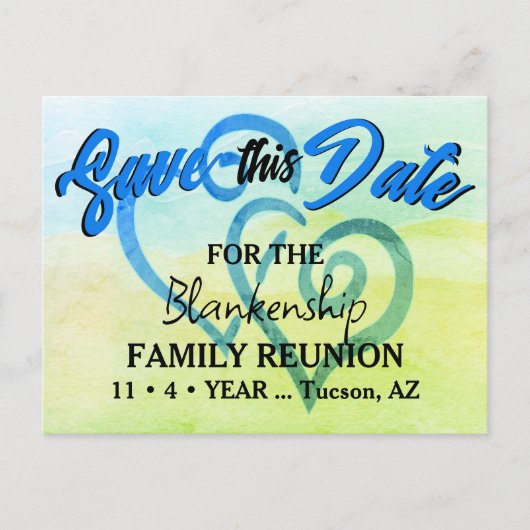 ファミリ懇親会日付を保存する青い緑のハート 案内ポストカード (正面)