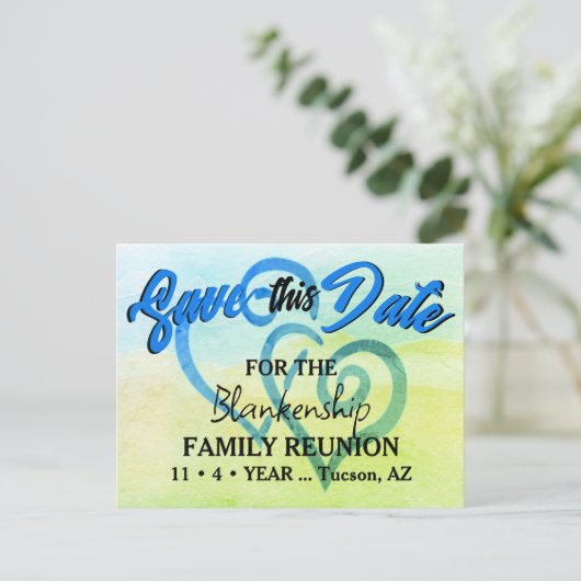 ファミリ懇親会日付を保存する青い緑のハート 案内ポストカード (スタンド正面)