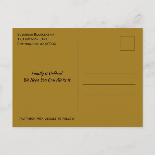 ファミリ懇親会日付を保存する黒いリンクハート 案内ポストカード (裏面)