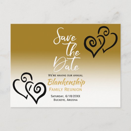 ファミリ懇親会日付を保存する黒いリンクハート 案内ポストカード (正面)
