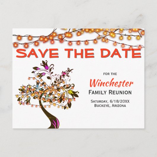 ファミリ懇親会日付を保存オレンジライトツリー 案内ポストカード (正面)