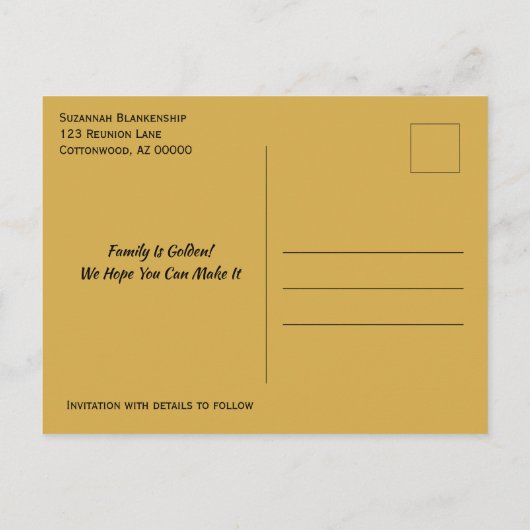 ファミリ懇親会日付を保存リンク黄金ハート 案内ポストカード (裏面)