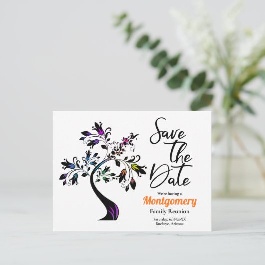 ファミリ懇親会日付ツリーをモダン保カラフル存 案内ポストカード (スタンド正面)