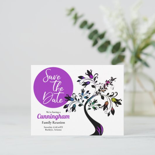 ファミリ懇親会日付ツリーをモダン保カラフル存 案内ポストカード (スタンド正面)