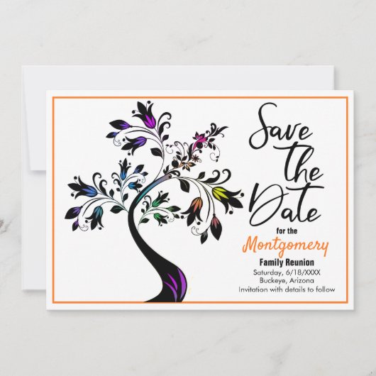 ファミリ懇親会日付ツリーモダンオレンジを保存 案内状 (正面)