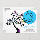 ファミリ懇親会日付ツリーモダン青を保存 案内ポストカード (正面/裏面)