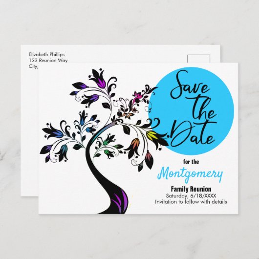 ファミリ懇親会日付ツリーモダン青を保存 案内ポストカード (正面/裏面)