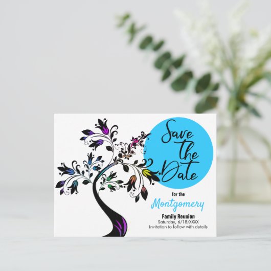 ファミリ懇親会日付ツリーモダン青を保存 案内ポストカード (スタンド正面)
