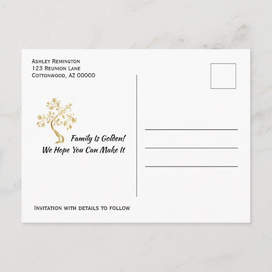 ファミリ懇親会日付モダン金ゴールドツリーの保存 案内ポストカード (裏面)