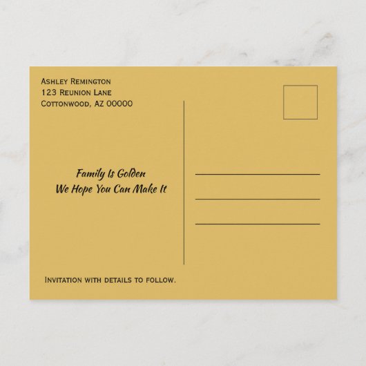 ファミリ懇親会日付モダン金ゴールドツリーの保存 案内ポストカード (裏面)