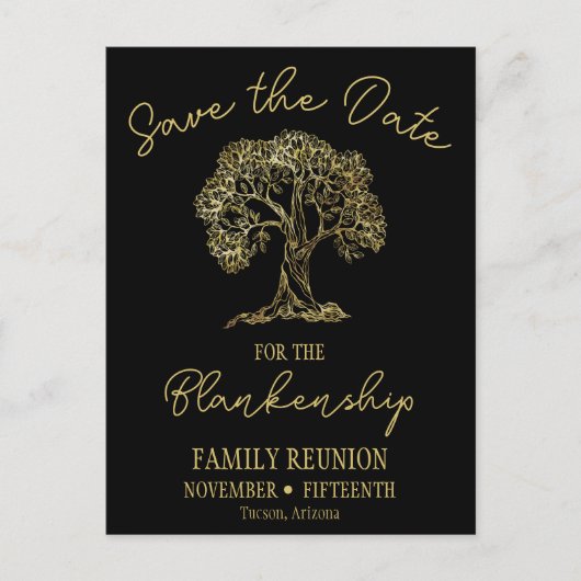 ファミリ懇親会日付金ゴールドツリーの保存 案内ポストカード (正面)