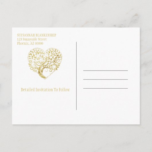 ファミリ懇親会日付金ゴールドハートツリーの保存 案内ポストカード (裏面)