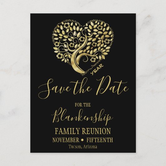 ファミリ懇親会日付金ゴールドハートツリーの保存 案内ポストカード (正面)