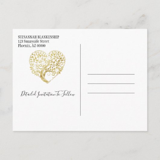 ファミリ懇親会日付金ゴールドハートツリー白を保存 案内ポストカード (裏面)