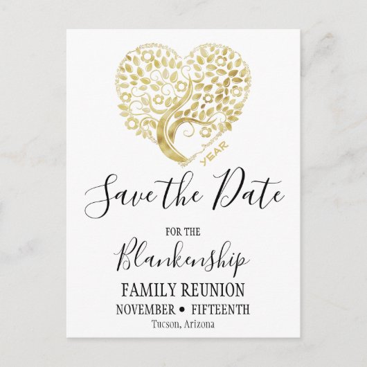 ファミリ懇親会日付金ゴールドハートツリー白を保存 案内ポストカード (正面)
