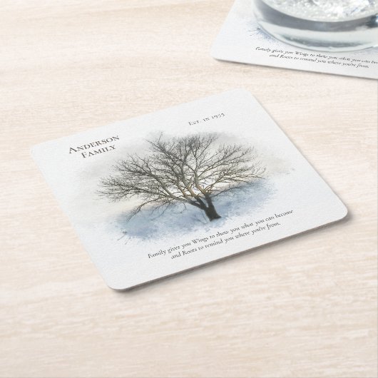 ファミリ懇親会水の色ツリー スクエアペーパーコースター (アングル)