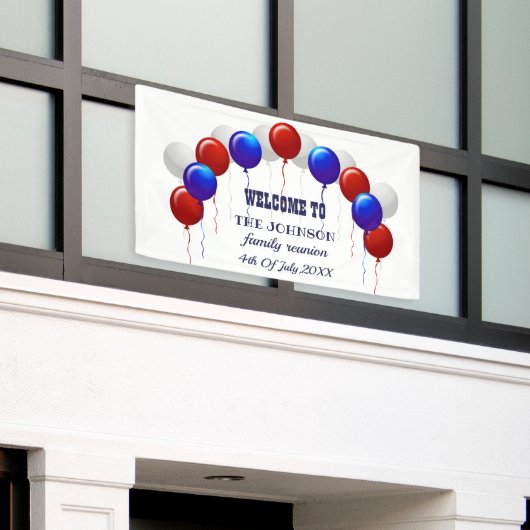 ファミリ懇親会赤と青のバルーン 横断幕 (ビルの外側)