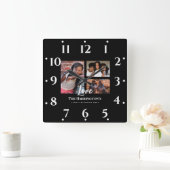 ファミリ懇親会3セクションフォトコラージブラックフレーム スクエア壁時計 (ホーム)