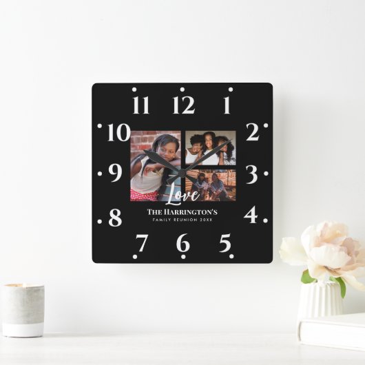 ファミリ懇親会3セクションフォトコラージブラックフレーム スクエア壁時計 (ホーム)
