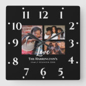 ファミリ懇親会3セクションフォトコラージブラックフレーム スクエア壁時計 (正面)