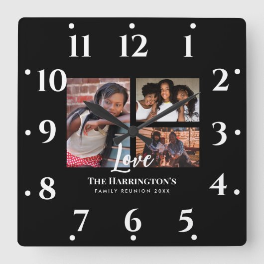 ファミリ懇親会3セクションフォトコラージブラックフレーム スクエア壁時計 (正面)