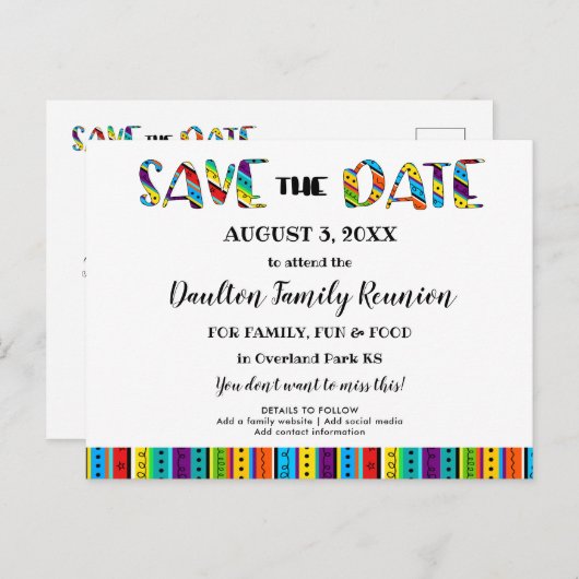 ファミリ懇親会、パーティー、またはイベントおもしろい日付の保存 案内ポストカード (正面/裏面)