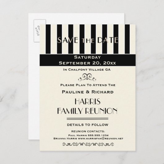 ファミリ懇親会、パーティー、ストライプのイベント保存日付 案内ポストカード (正面/裏面)