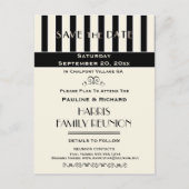 ファミリ懇親会、パーティー、ストライプのイベント保存日付 案内ポストカード (正面)