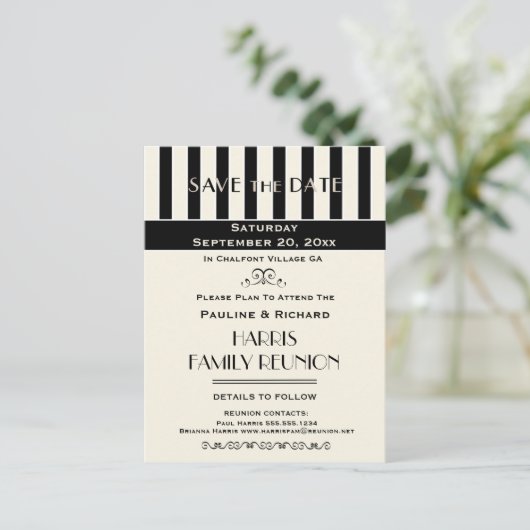 ファミリ懇親会、パーティー、ストライプのイベント保存日付 案内ポストカード (スタンド正面)