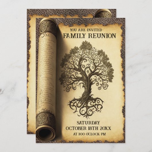 ファミリ懇親会-ヴィンテージファミリツリースクロール 招待状 (正面/裏面)