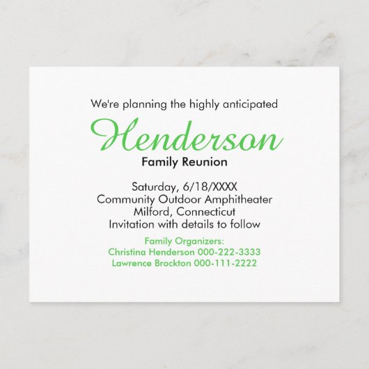 ファミリ素朴懇親会日付の保存タイポグラフィ 案内ポストカード (裏面)