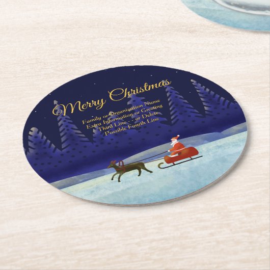 ファミリ/団体や組織名を追加Blue + Santa ラウンドペーパーコースター (アングル)