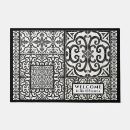 ファモダンームハウスブラックアンドホワイトファミリーウォーターカラー ドアマット