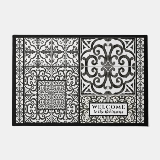 ファモダンームハウスブラックアンドホワイトファミリーウォーターカラー ドアマット (正面)