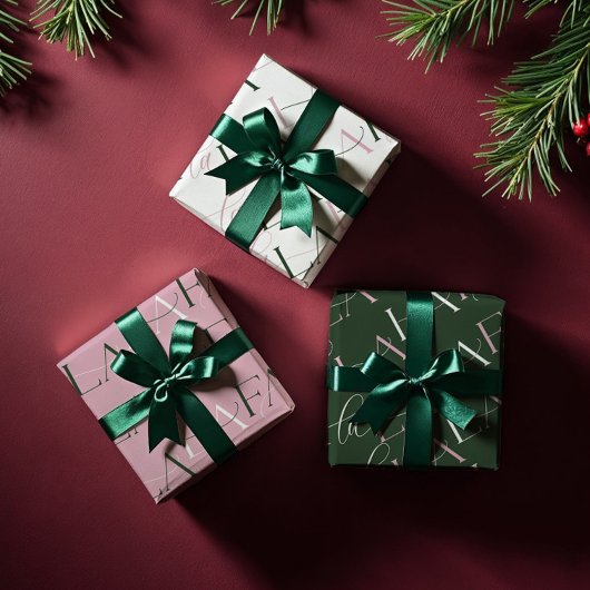 ファララピンク&グリーンタイポグラフィのクリスマスキャロル ラッピングペーパーシート