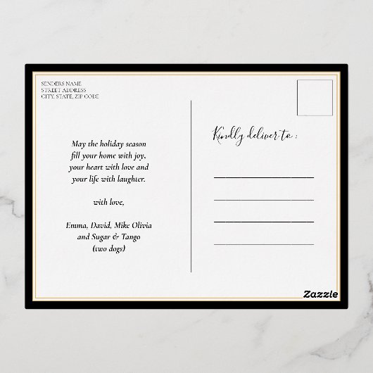 ファララブラック金ゴールドモダンクリスマスフォト 箔シーズンポストカード (裏面)