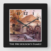 ファリダグリーンフィー絵画ルドのウォーターミルウォーターカラー スクエア壁時計 (正面)