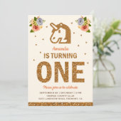 ファルシールドゴールドの花のユニコーン 1歳 誕生日パーティー 招待状 (スタンド正面)