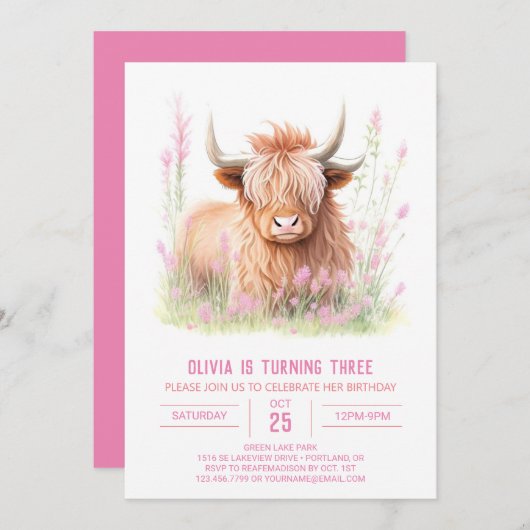 ファルミヤードおもしろいハイランドカウガール誕生日 招待状 (正面/裏面)