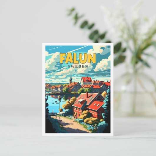 ファルンスウェーデンヴィンテージ旅行イラストレーション ポストカード (スタンド正面)